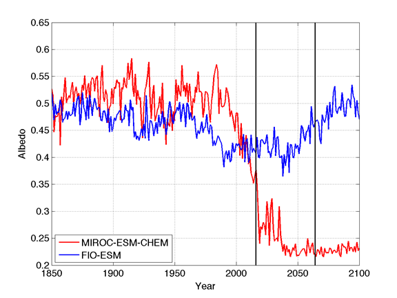 Two global climate models that produce vastly different future sea ice trends exhibit similar surface albedos prior to their transitions (vertical black lines), effectively excluding the sea ice albedo feedback as the driving force of sea ice changes within these models.