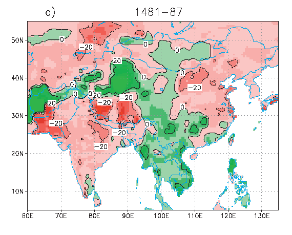 Results of research by Dr. Steve Hu showing growing season precipitation change for extreme paleo- and historical droughts in India and north-central China from reconstructed Eurasian precipitation.